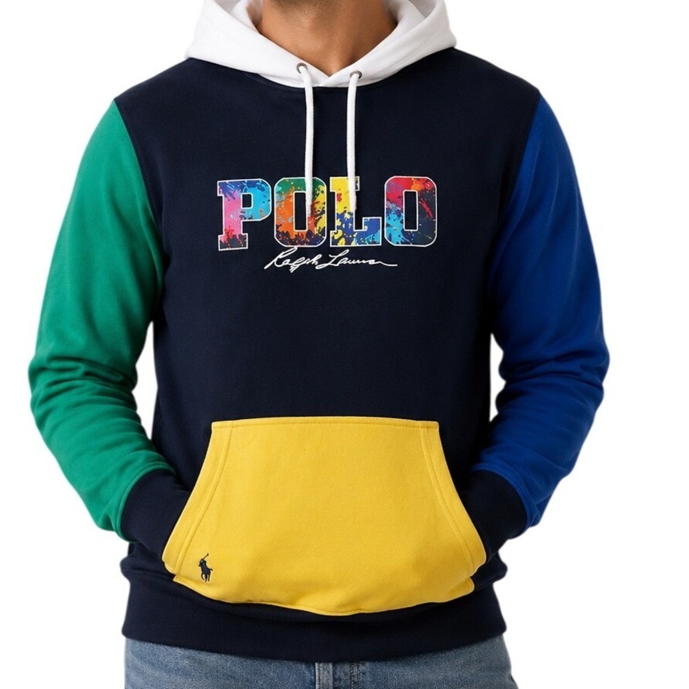Ralph Lauren Navy Blue Green Yellow Colorblock Hoodie Men's Large